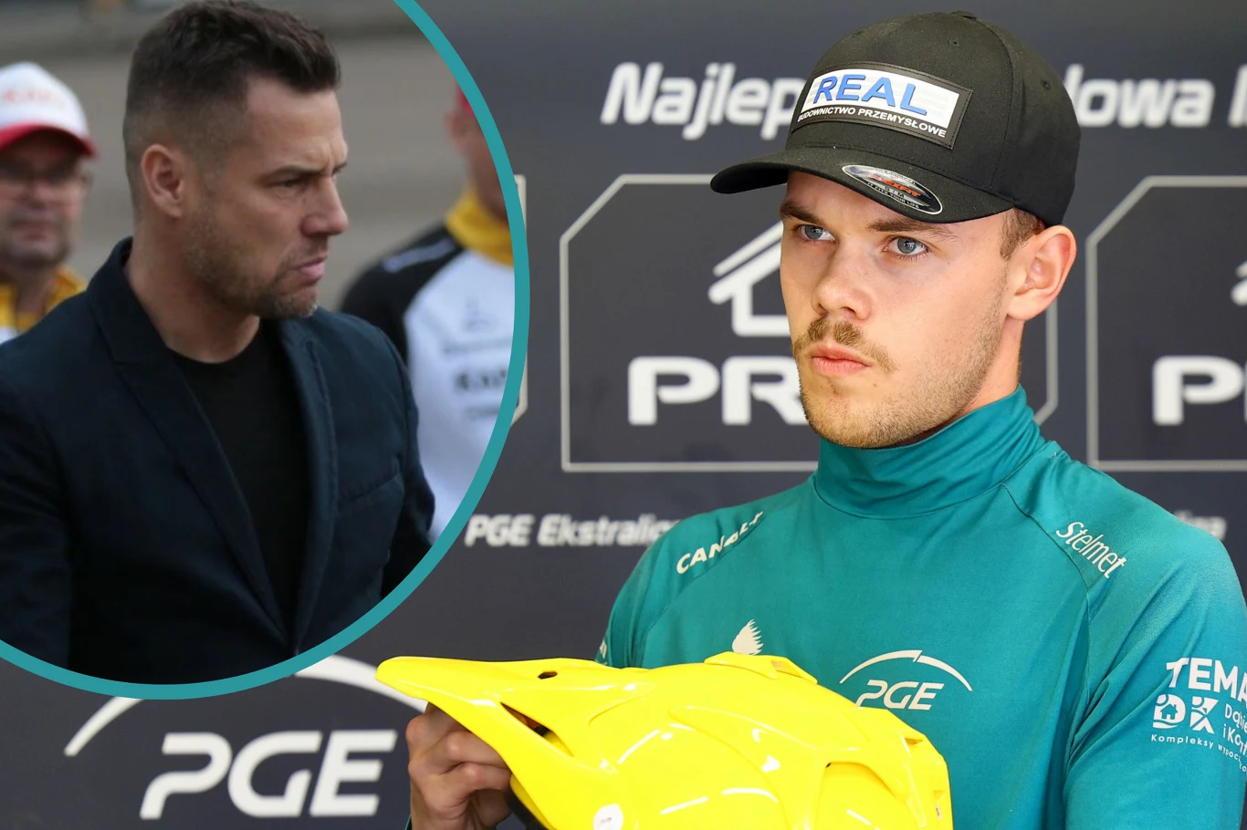 Damian Ratajczak będzie odpowiedzialny jednocześnie za formację U21 oraz U24 Młody mężczyzna ubrany w sportową odzież z logo sponsorów i czapką z daszkiem trzyma w rękach żółty kask. W tle plansza z logo PGE i napisem ekstraligowym. W lewym górnym rogu widoczne powiększenie innego mężczyzny o poważnym wyrazie twarzy.