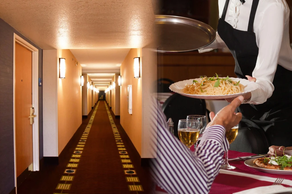 Turcja. 11 osób zatrzymano w związku ze śmiercią turecko-niemieckiej turystki i jej dwójki dzieci (zdj. ilustracyjne) Długi, oświetlony korytarz hotelowy z zamkniętymi drzwiami po lewej stronie oraz kelnerka podająca talerz z makaronem klientowi siedzącemu przy stole w eleganckiej restauracji.