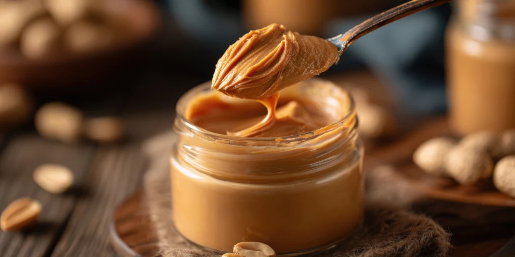 Słoik kremowego masła orzechowego z metalową łyżką, wokół niego rozsypane orzeszki ziemne na drewnianym stole.
