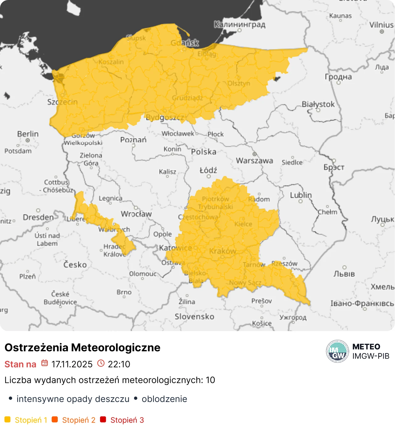 IMGW wydało ostrzeżenia pierwszego stopnia Mapa Polski z zaznaczonymi na żółto obszarami objętymi ostrzeżeniami meteorologicznymi pierwszego stopnia dotyczącymi intensywnych opadów deszczu oraz oblodzenia. U dołu podano aktualną liczbę wydanych ostrzeżeń i legendę wyjaśniającą kolory.
