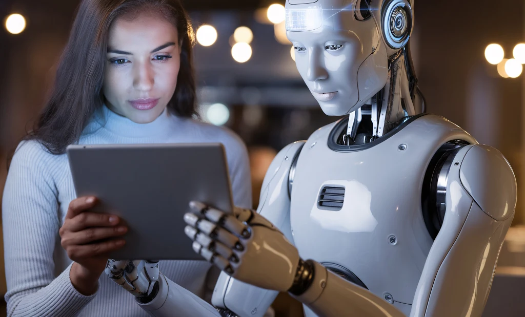 Kobieta wspólnie z humanoidalnym robotem skupiają się nad tabletem, koncentrując się na ekranie w otoczeniu rozproszonego, ciepłego światła.