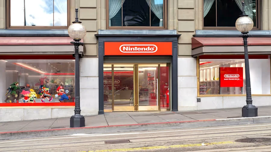Fasada sklepu Nintendo z dużymi oknami wystawowymi, za którymi widoczne są figury postaci z gier, logo marki zamieszczone nad wejściem, nowoczesny design i jasne oświetlenie.