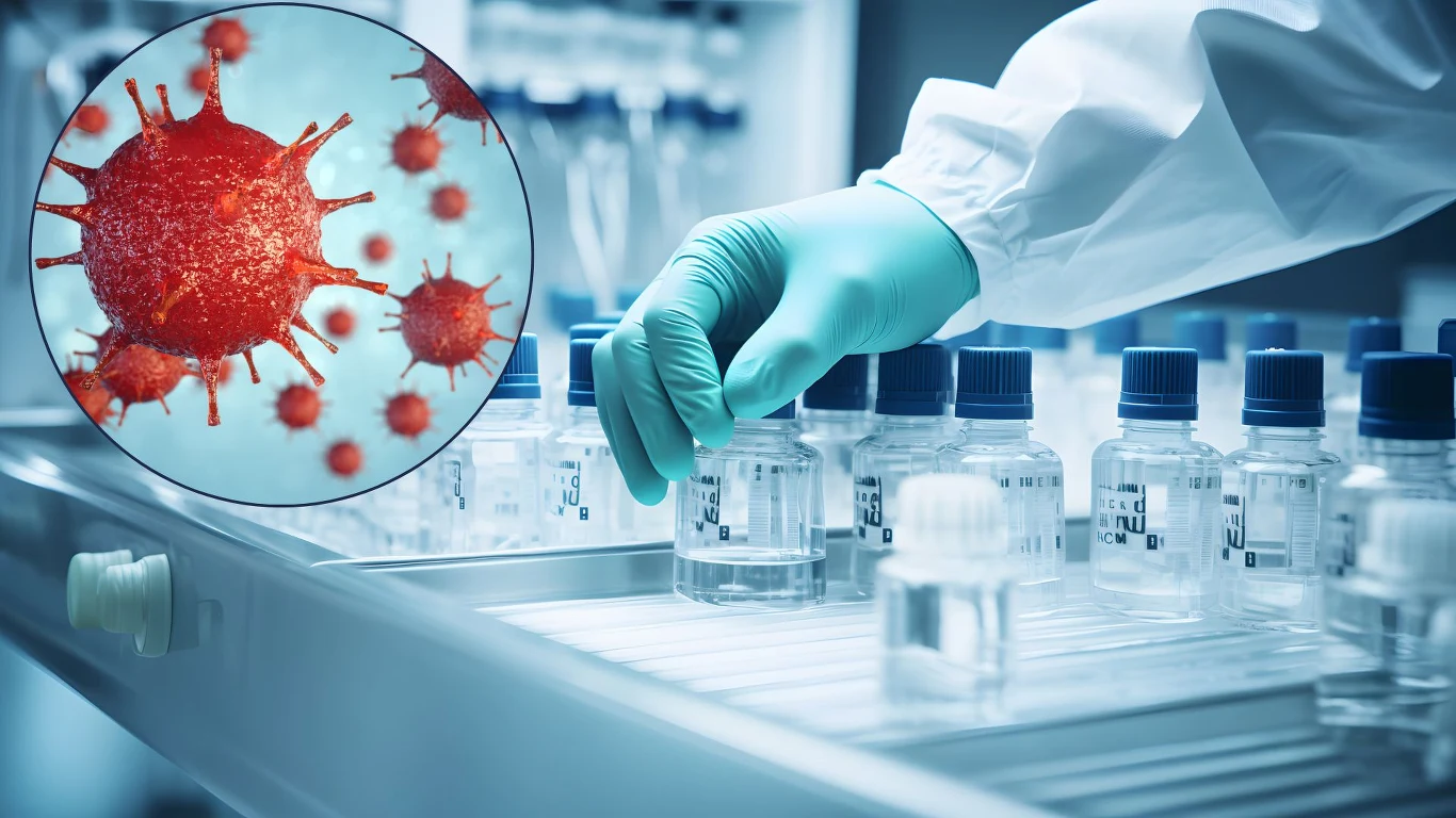 Ręka w rękawiczce ochronnej sięga po probówki laboratoryjne ustawione w szufladzie, obok znajduje się powiększona ilustracja cząsteczek wirusa.