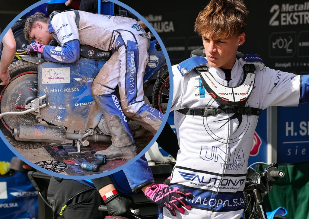 Jan Heleniak ma o czym myśleć. W Unii Tarnów bieda, tymczasem Apator Toruń kusi. Żużlowiec ubrany w biało-niebieski kombinezon stoi przy motocyklu na torze, obok widoczna w zbliżeniu scena, na której zawodnik odpoczywa oparty o motocykl, wyłączony z rywalizacji lub zamyślony po zakończonym wyścigu.