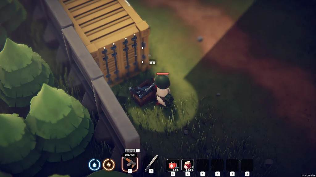 Postać w kasku stoi przy skrzynce narzędziowej i ogrodzeniu z drewnianymi przęsłami, otoczona gęstymi krzewami, z widocznym interfejsem gry na dole ekranu.