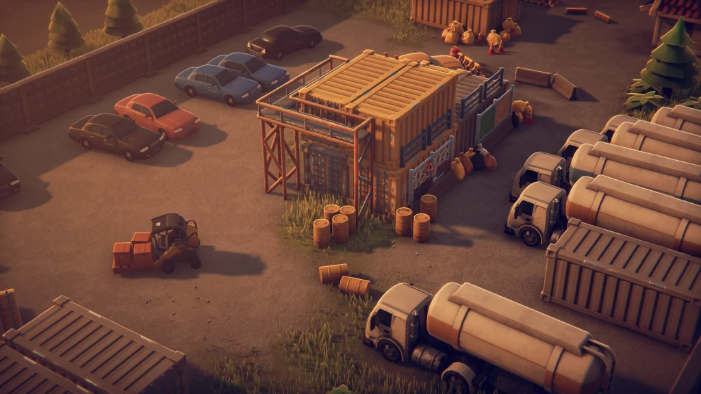 Plac magazynowy otoczony ogrodzeniem z kontenerami oraz ciężarówkami, samochodami osobowymi i drobnym sprzętem przemysłowym, przy świetle zachodzącego słońca.