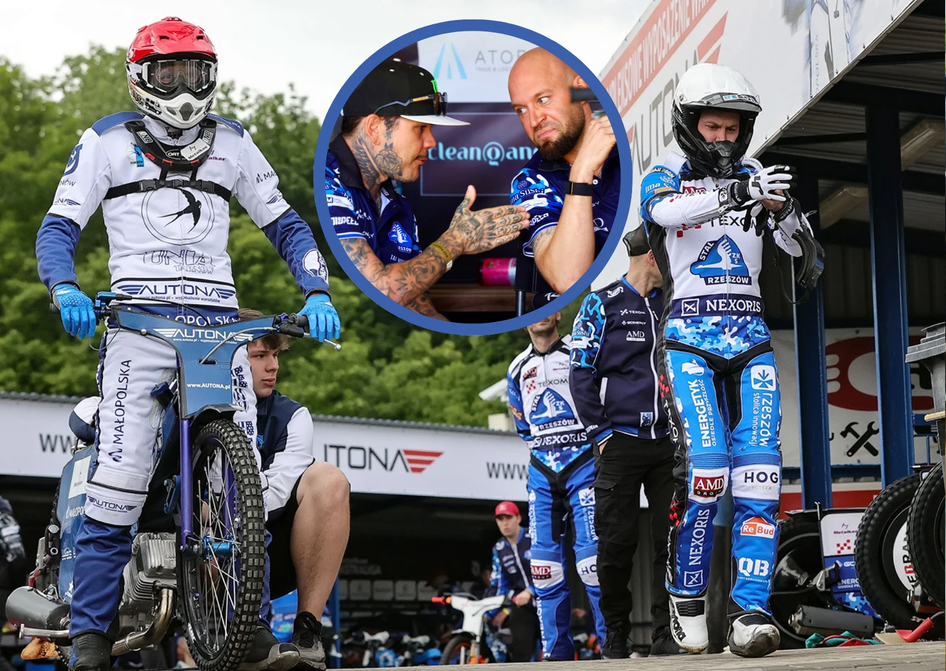 Najdroższy dubler w polskiej lidze zarobił 721 tysięcy złotych zastępując Taia Woffindena. Grupa zawodników żużlowych w strojach sportowych przygotowuje się do startu na torze, otoczona członkami zespołu. Na pierwszym planie motocyklista w kasku i z motocyklem, w tle widoczne zaplecze techniczne i inni sportowcy. W okrągłej wstawce dwóch męż...