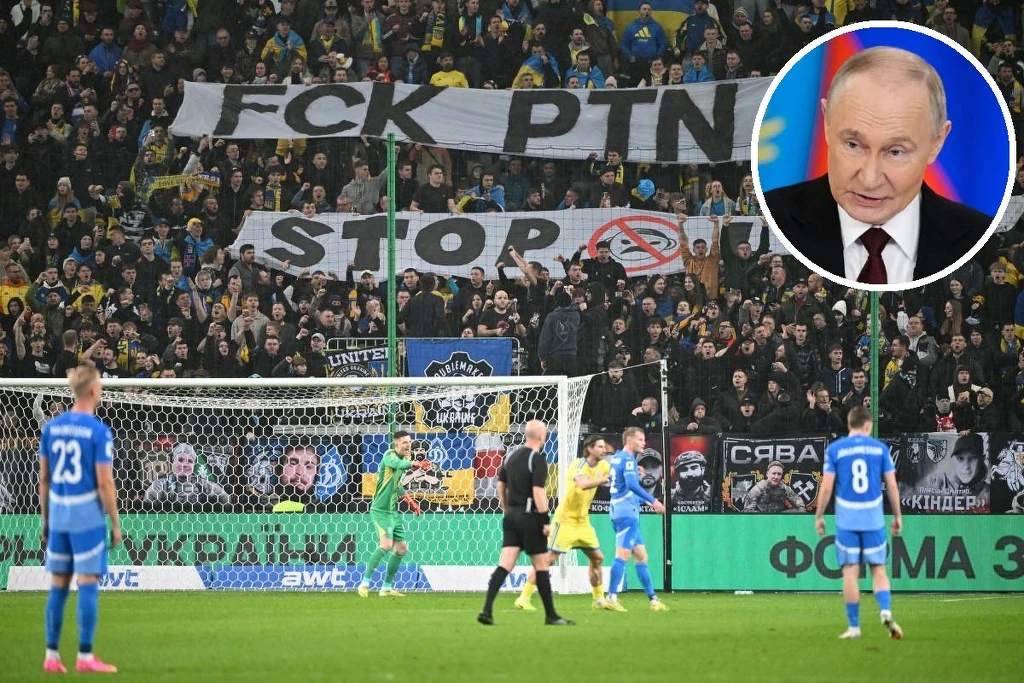 Cios w Putina na polskiej ziemi, a teraz takie słowa. Nawet się nie hamował, grozi federacji Tłum kibiców na stadionie piłkarskim trzyma bannery z wulgarnymi i protestacyjnymi hasłami skierowanymi przeciwko Władimirowi Putinowi, wpisanymi na tło trybun, na wycinku zdjęcia znajduje się portret prezydenta Rosji. Piłkarze w niebieskich i żółtych ...