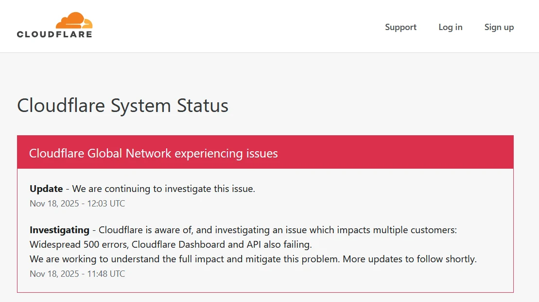 Panel informacyjny przedstawiający status systemu Cloudflare, z wyróżnionym komunikatem o globalnych problemach sieciowych, aktualizacją oraz szczegółami dotyczącymi śledztwa i prac zespołu technicznego.