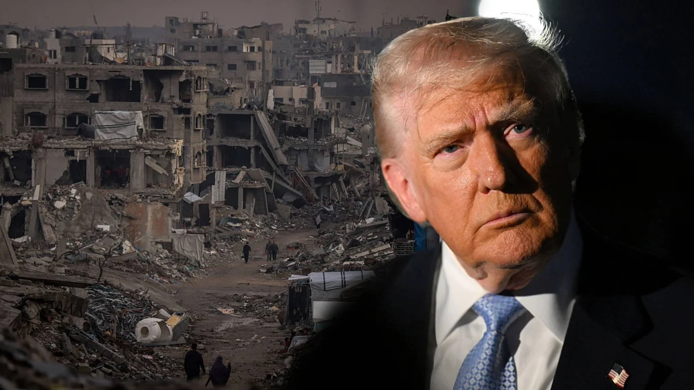 ONZ przyjęła rezolucję ws. Strefy Gazy. Reakcja Izraela i Palestyny na plan Trumpa Ruiny zniszczonego miasta w tle, w centrum uwagi umieszczono poważnie wyglądającego mężczyznę w garniturze i pod krawatem, oświetlonego na tle ciemnego otoczenia. Silny kontrast między dramatycznym krajobrazem a sylwetką polityka.