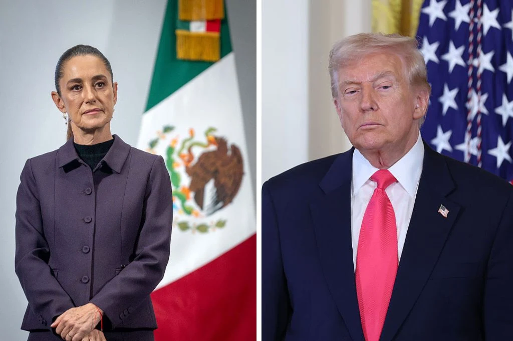 Stany Zjednoczone. Trump byłby "dumny" z ataku na statki z Meksyku Dwóch polityków stojących na tle flag narodowych: jedna osoba na tle flagi Meksyku, druga na tle flagi Stanów Zjednoczonych, obie postacie elegancko ubrane, skupione wyrazy twarzy.