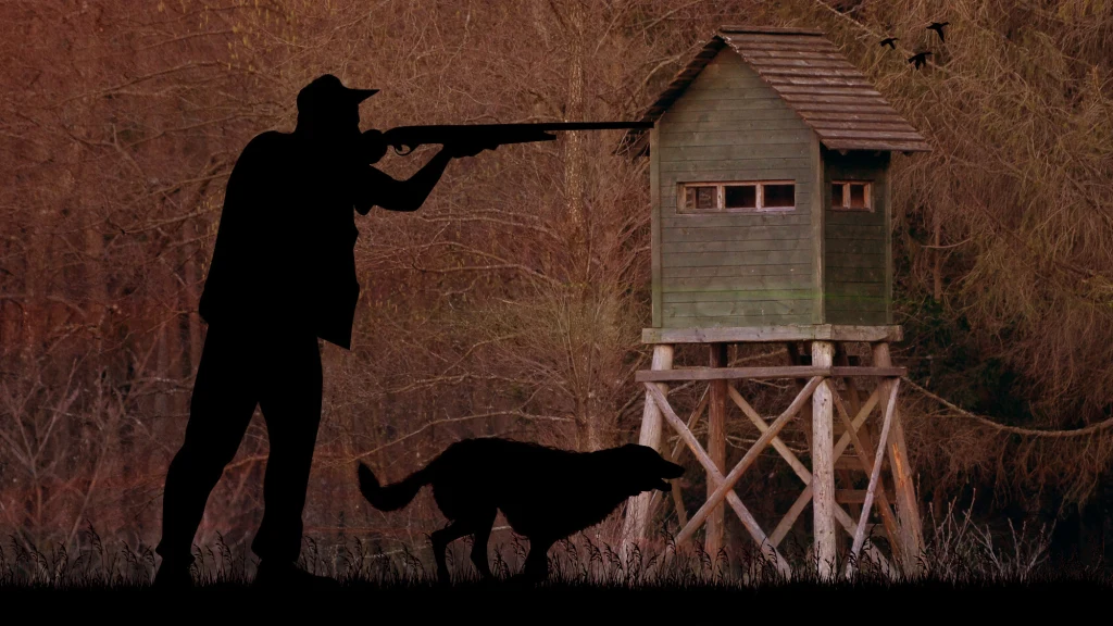 Za odpowiednią opłatą myśliwi są w stanie dopuścić do broni osoby niemające z łowiectwem nic wspólnego (kolaż: Aleksandra Włodarczyk/Interia.pl) Sylwetka myśliwego z bronią wymierzoną w kierunku stada lecących ptaków, obok znajduje się pies, a w tle stoi drewniana ambona myśliwska na wysokich palach, wszystko otoczone leśnym krajobrazem.