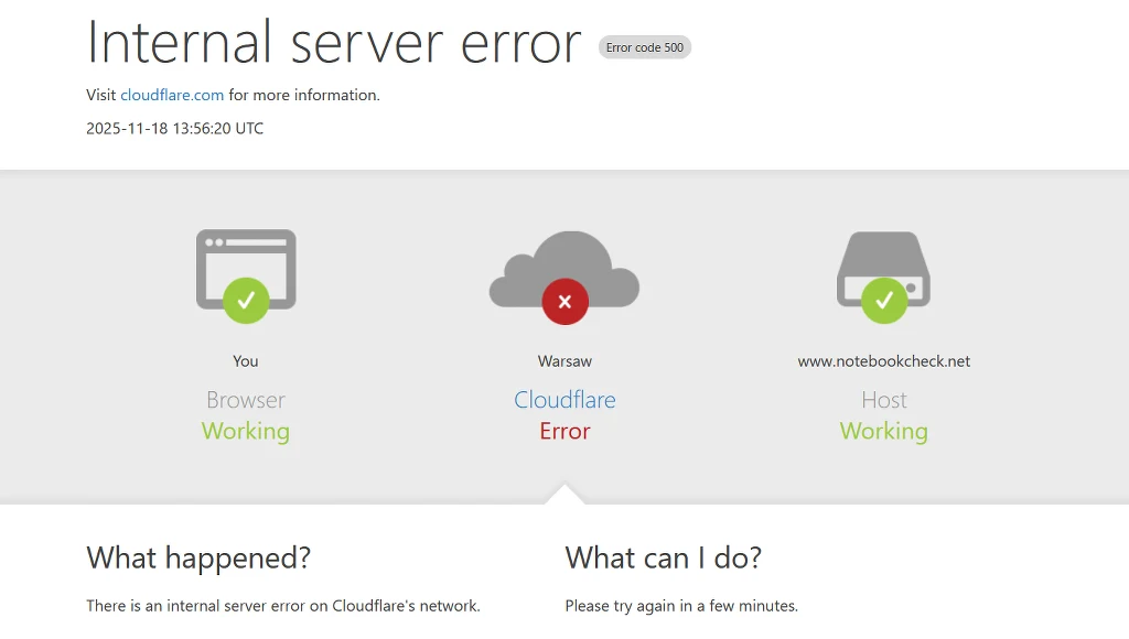 Komunikat o wewnętrznym błędzie serwera z kodem 500, wizualizacja statusu połączeń pomiędzy użytkownikiem, punktem pośredniczącym Cloudflare oraz hostem, wskazująca na problem w punkcie Cloudflare.