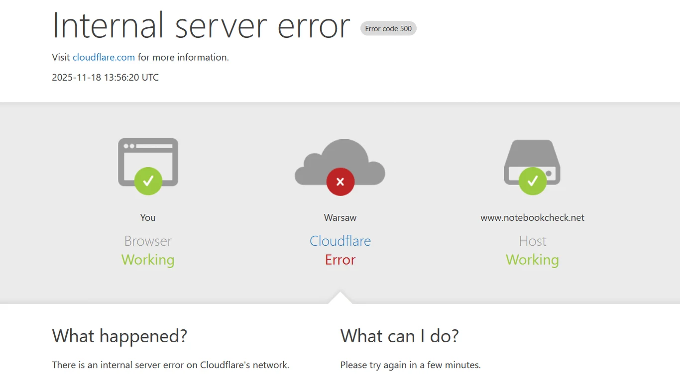 Komunikat o wewnętrznym błędzie serwera z kodem 500, wizualizacja statusu połączeń pomiędzy użytkownikiem, punktem pośredniczącym Cloudflare oraz hostem, wskazująca na problem w punkcie Cloudflare.