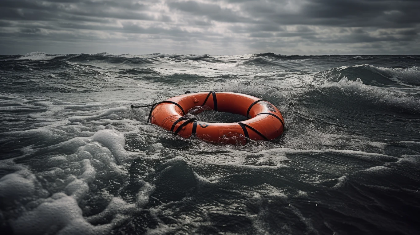 Pomarańczowe koło ratunkowe unoszące się na wzburzonych falach ciemnego morza, pod ciężkimi, zachmurzonymi niebem.