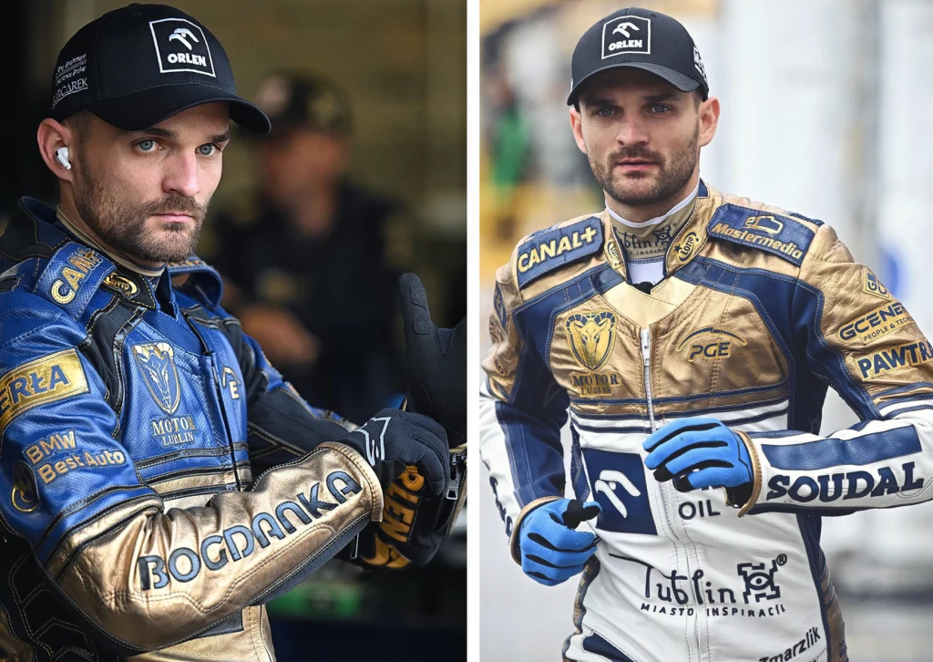 Dwóch mężczyzn w kombinezonach żużlowych z licznymi logotypami sponsorów. Obaj mają na sobie czapki z daszkiem z logo Orlen. Jeden z nich nosi słuchawki i patrzy poważnie w stronę obiektywu, drugi pozuje w kurtce sportowej i rękawicach, patrząc wprost.