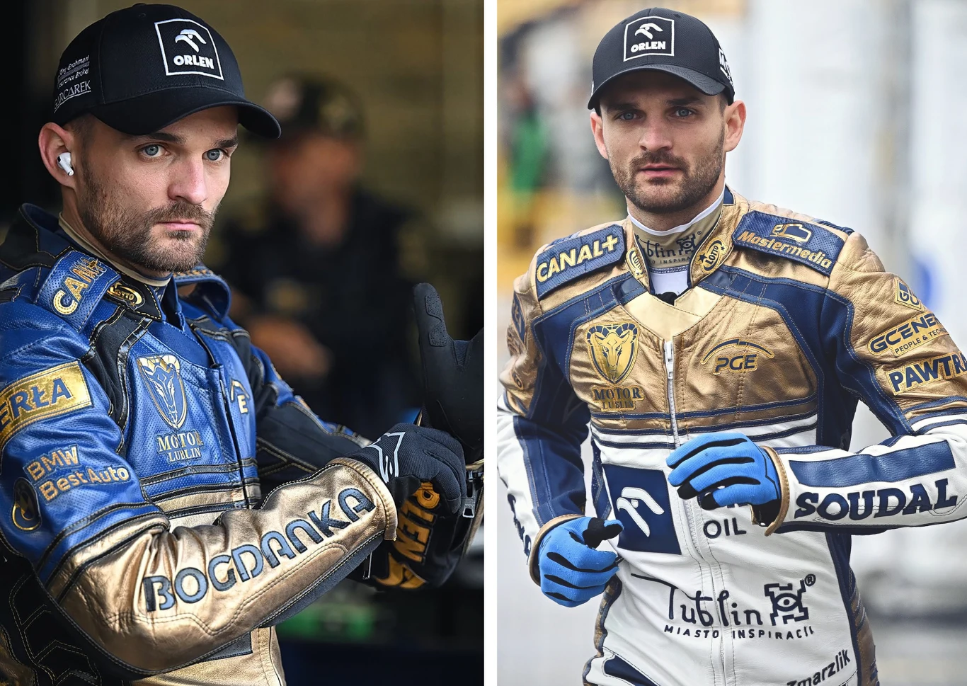 Dwóch mężczyzn w kombinezonach żużlowych z licznymi logotypami sponsorów. Obaj mają na sobie czapki z daszkiem z logo Orlen. Jeden z nich nosi słuchawki i patrzy poważnie w stronę obiektywu, drugi pozuje w kurtce sportowej i rękawicach, patrząc wprost.