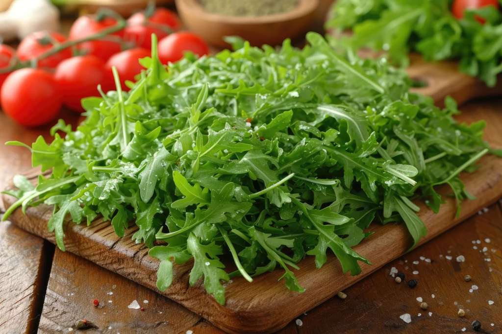 Ostra i pikantna. Oto charakterystyczny smak rukoli Świeża rukola ułożona na drewnianej desce do krojenia, w tle widoczne pomidory koktajlowe oraz rozsypana sól i pieprz, całość utrzymana w naturalnej tonacji.