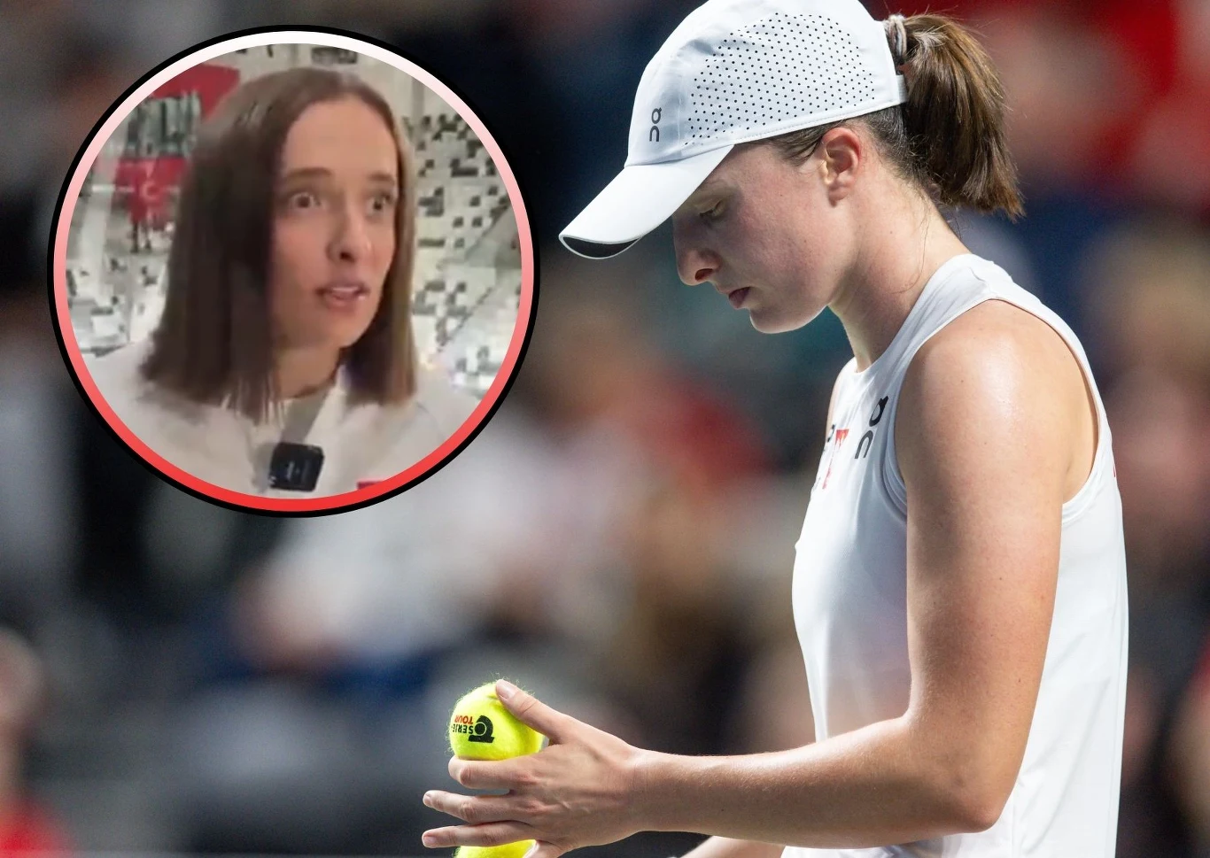 Kobieta w sportowym stroju skupiona na trzymanej w dłoni piłce tenisowej. W prawym górnym rogu okrągła ramka z twarzą kobiety o średnich, prostych włosach, wyrażającą zaskoczenie lub niedowierzanie.