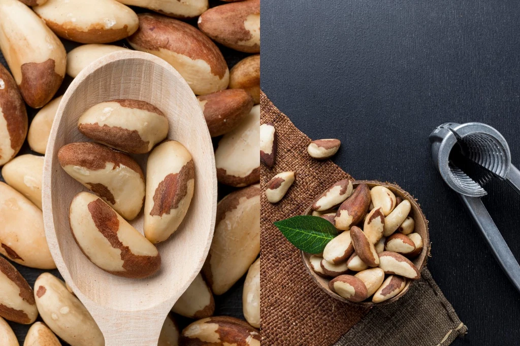 Dlaczego warto jeść orzechy brazylijskie? Orzechy brazylijskie w drewnianej łyżce na tle większej ilości orzechów oraz w miseczce na lnianej serwetce obok dziadka do orzechów, całość ułożona na ciemnym tle.