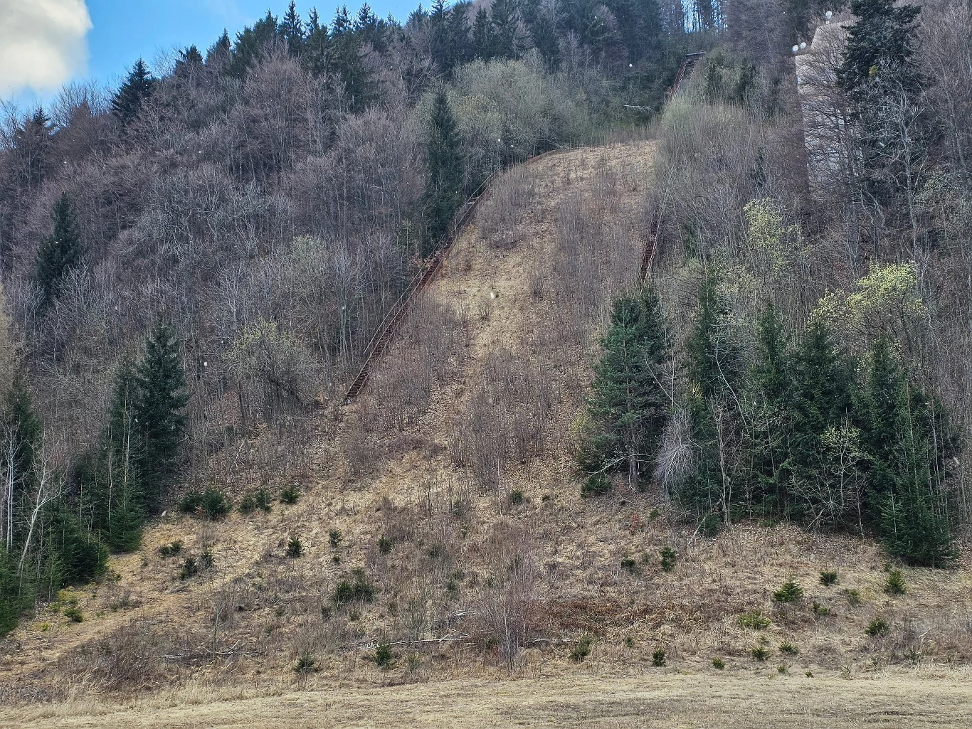 Stromy zarośnięty stok na zboczu góry otoczony przez drzewa iglaste i liściaste, z widocznym wyraźnie wyciętym pasem wśród lasu, prowadzącym od dołu aż do grzbietu wzgórza, fragment nieba z chmurami w lewym górnym rogu.