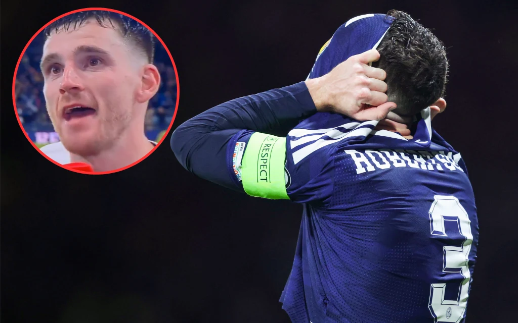 Andy Robertson świętuje awans do mundialu. Od razu wspomniał o Diogo Jocie Piłkarz ubrany w granatowy strój z nazwiskiem Robertson na plecach trzyma głowę w geście rozczarowania. Na zdjęciu znajduje się także okrągłe wstawione zdjęcie twarzy mężczyzny z wyrazem emocji.