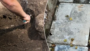 Wykopaliska w Warszawie. Godło i napisy w zagadkowym pomieszczeniu