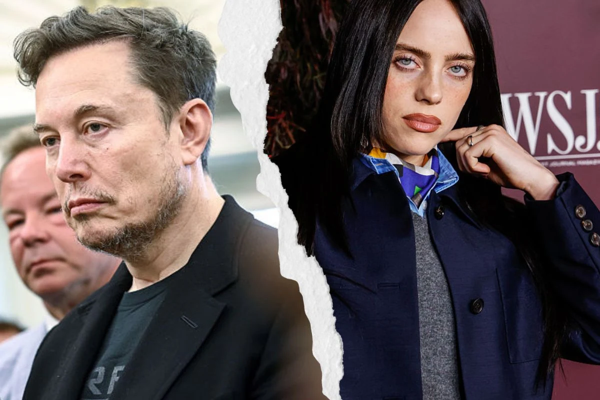 Elon Musk i Billie Eilish Po lewej stronie mężczyzna w średnim wieku o poważnym wyrazie twarzy, po prawej młoda kobieta z prostymi, ciemnymi włosami, ubraną stylowo, patrząca prosto w obiektyw. Pośrodku widoczne rozdarcie kadru, sugerujące kontrast lub konflikt między postaciami.