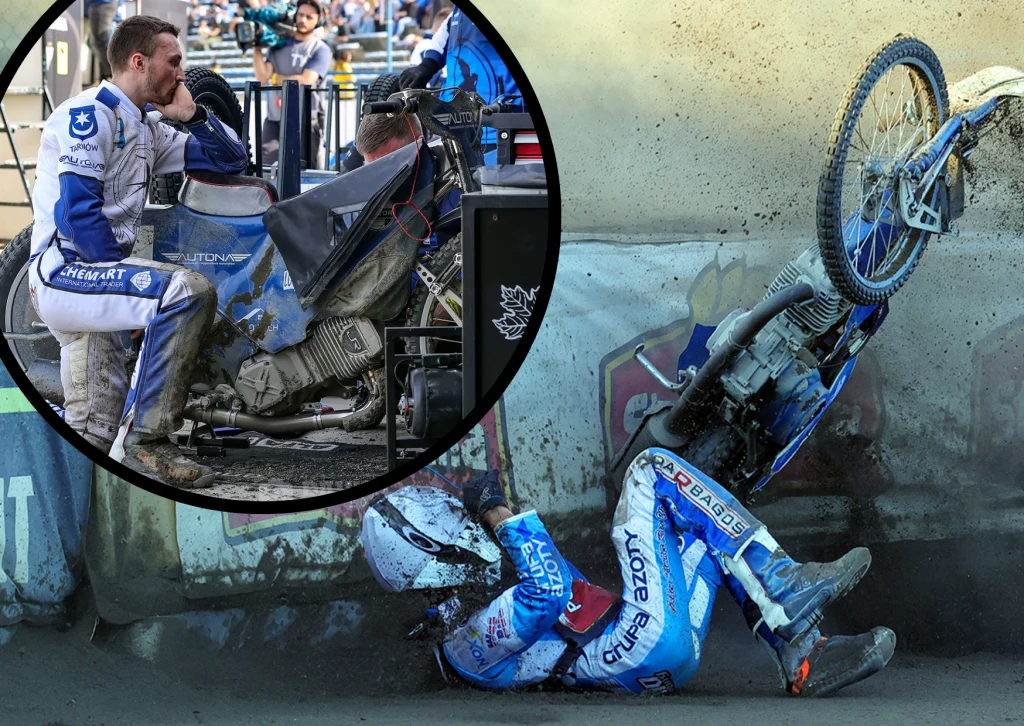 Kluby KLŻ toną w długach. W najgorszej sytuacji jest Unia Tarnów. Oby to nie skończyło się takim upadkiem, jak ten Jana Heleniaka. Motocyklista ubrany w niebiesko-białe stroje przewraca się, uderzając motocyklem o bandę toru podczas wyścigu. W rogu zdjęcia zbliżenie na tego samego sportowca siedzącego przy zniszczonym motocyklu, zamyślonego i wyraźnie przygnębionego.