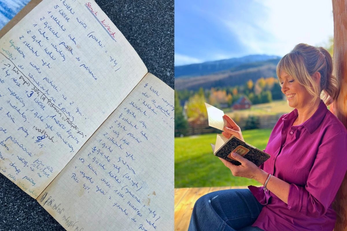 Ewa Wachowicz dzieli się przepisami z rodzinnych zeszytów Kobieta w fioletowej koszuli siedzi na werandzie, trzymając otwartą książkę i list; w tle widoczny krajobraz górski z jesiennymi drzewami. Po lewej stronie obrazek pokazuje otwarty, zapisany ręcznie zeszyt.