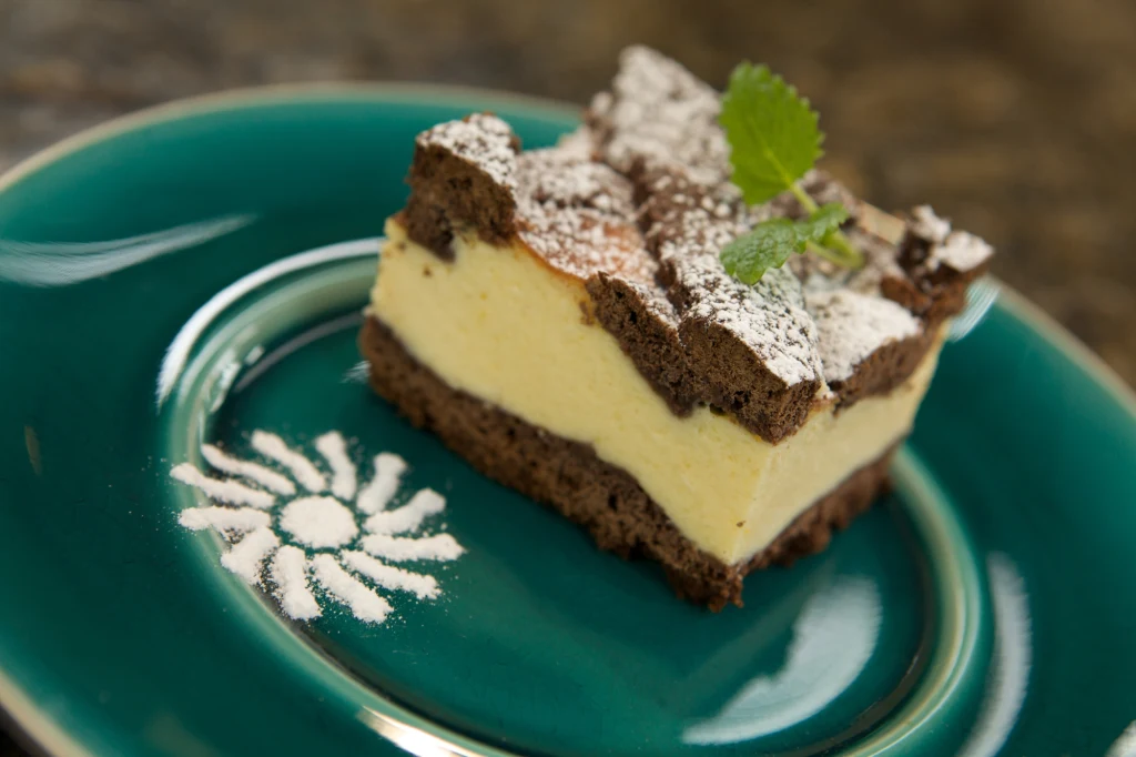Sernik z rodzinnego przepisu Ewy Wachowicz Kawałek ciasta czekoladowego z kremową warstwą serową, posypany cukrem pudrem i udekorowany listkiem mięty, podany na zielonym talerzu z dekoracją z cukru pudru w kształcie słońca.