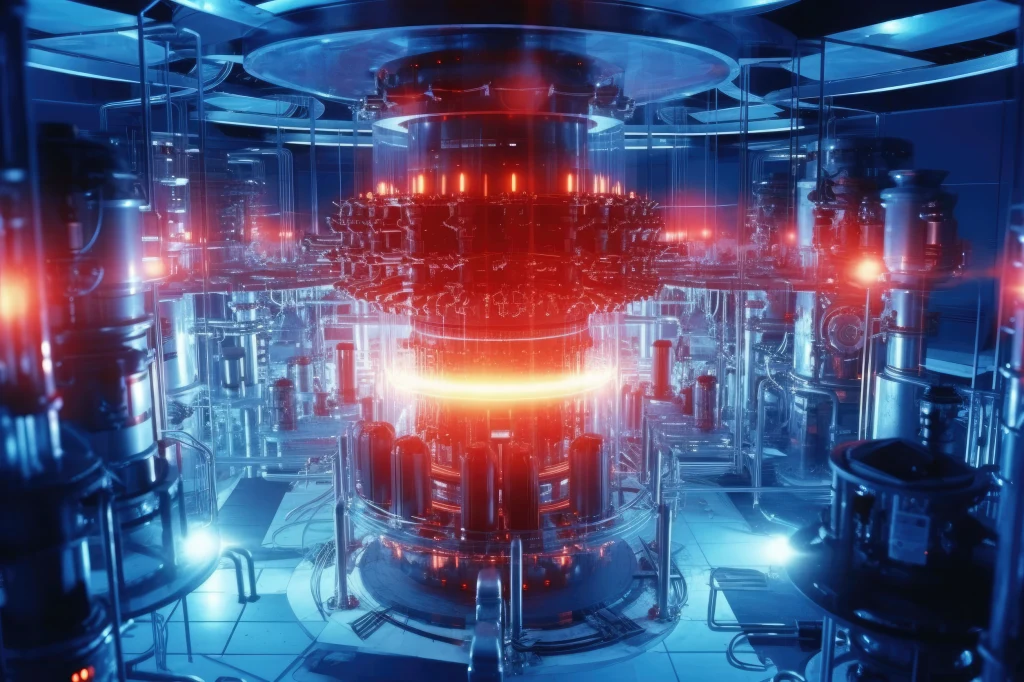 Futurystyczny reaktor plazmowy otoczony zaawansowanymi urządzeniami oraz podświetleniem w odcieniach niebieskiego i czerwieni, ukazujący centralny pierścień energii w laboratorium wysokich technologii.