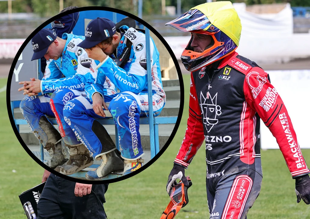 Polskie kluby toną w długach. Z tego powodu kontrakt Sama Mastersa został obcięty o połowę. A w Unii Tarnów załamanie, bo poprzednicy zostawili 2 miliony długu. Zawodnik żużlowy w czerwono-czarnym kombinezonie idzie z motocyklem, w tle w okręgu dwóch sportowców w niebieskich kombinezonach siedzi na trybunach pochylonych zamyślonych. Najważniejsze są kontrastujące barwy strojów oraz wyraz twarzy sportowców wska...