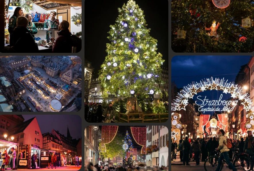 Oświetlone i udekorowane ulice miasta, tłumy ludzi spacerujących podczas jarmarku bożonarodzeniowego, główny plac z dużą choinką, kolorowe stoiska z ozdobami, migoczące światełka oraz brama wejściowa z napisem Strasburg uważany za stolicę Bożego Narodz...