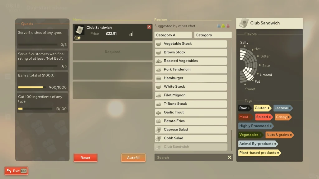 Panel menu gry komputerowej z przepisami kuchennymi, listą składników i możliwościami wyboru potraw, widoczne zadania do wykonania oraz kategorie produktów spożywczych jak także charakterystyki smaków i składników.