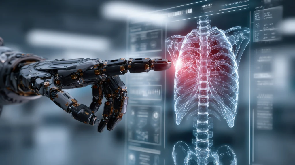 Według najnowszych badań, to AI w przyszłości może decydować, kto zostanie dawcą organów Mechaniczna, robotyczna dłoń wskazuje na holograficzny obraz ludzkich płuc z zaznaczonym na czerwono obszarem, co sugeruje analizę lub diagnozę medyczną przy pomocy zaawansowanej technologii.