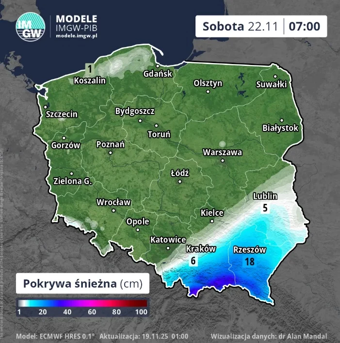 Mapa Polski przedstawiająca prognozowaną pokrywę śnieżną na sobotę 22 listopada o godzinie 7:00, z największą warstwą śniegu w południowo-wschodniej części kraju, szczególnie w rejonie Rzeszowa.