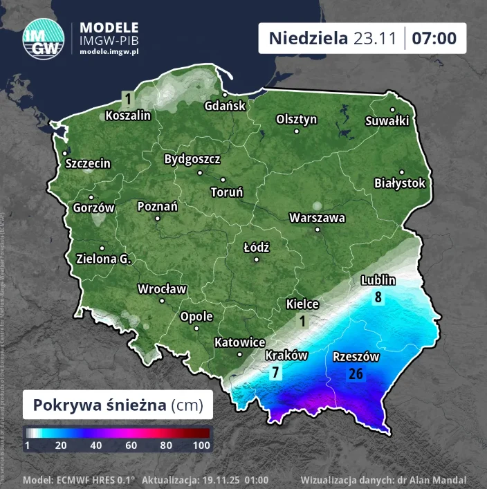 Mapa Polski z zaznaczoną prognozowaną pokrywą śnieżną w centymetrach na niedzielę, 23 listopada, godzina 07:00. Przeważająca część kraju jest zielona, jedynie południowo-wschodnia część, wokół Rzeszowa i Lublina, pokryta jest niebieskimi barwami wskazu...