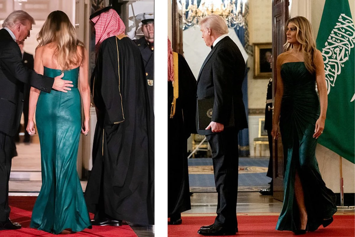 Mężczyzna w garniturze i kobieta w eleganckiej zielonej sukni stoją na czerwonym dywanie podczas oficjalnego spotkania z przedstawicielami Arabii Saudyjskiej, w tle widoczna jest flaga tego kraju i elementy pałacowego wnętrza.