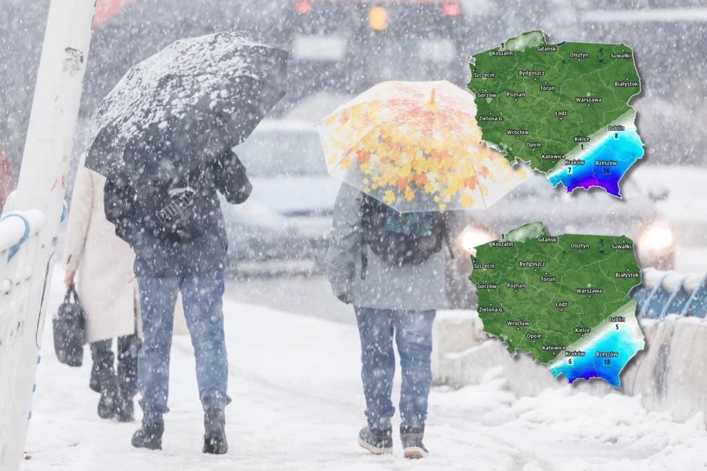 Grupa osób idąca zasypaną śniegiem ulicą podczas intensywnych opadów śniegu, jedna osoba trzyma kolorowy parasol z motywem kwiatów. W prawym górnym rogu umieszczone dwie mapy Polski z prognozą pogody ukazującą obszary objęte opadami śniegu.