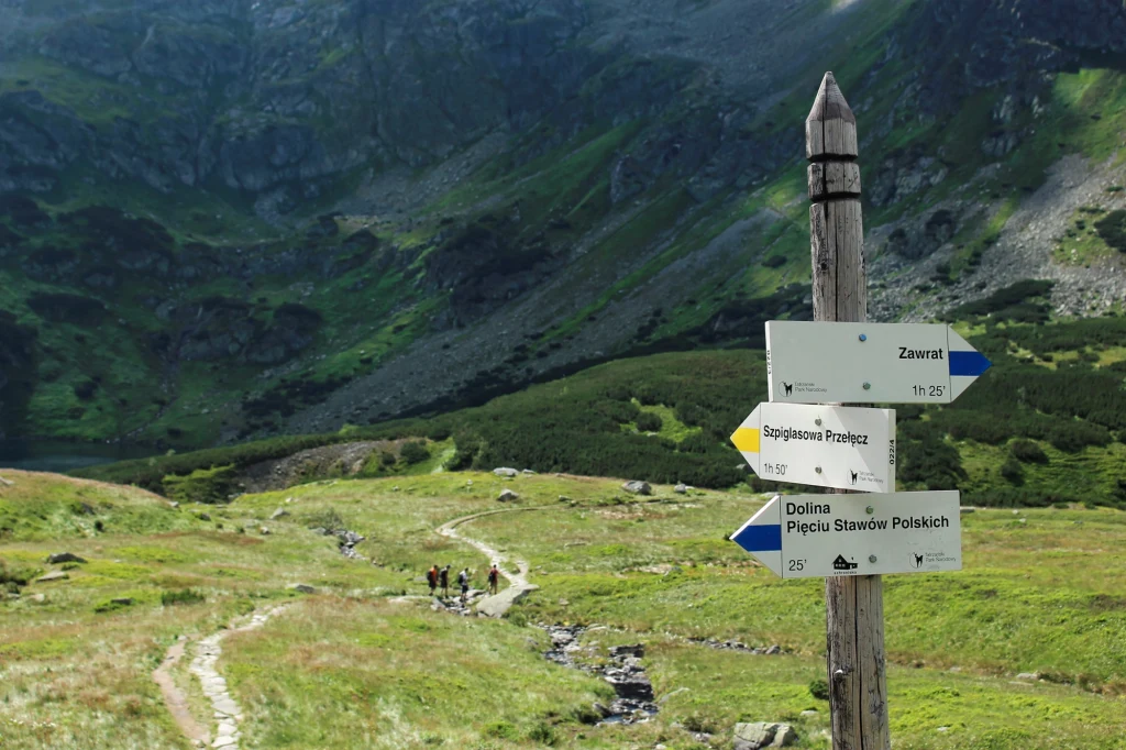 Drewniany słupek z tabliczkami szlaków turystycznych, wskazujący kierunki do Zawratu, Szpiglasowej Przełęczy i Doliny Pięciu Stawów Polskich, na tle górskiej doliny i stromych zboczy porośniętych trawą oraz niskimi krzewami, w oddali widać wędrujących ...