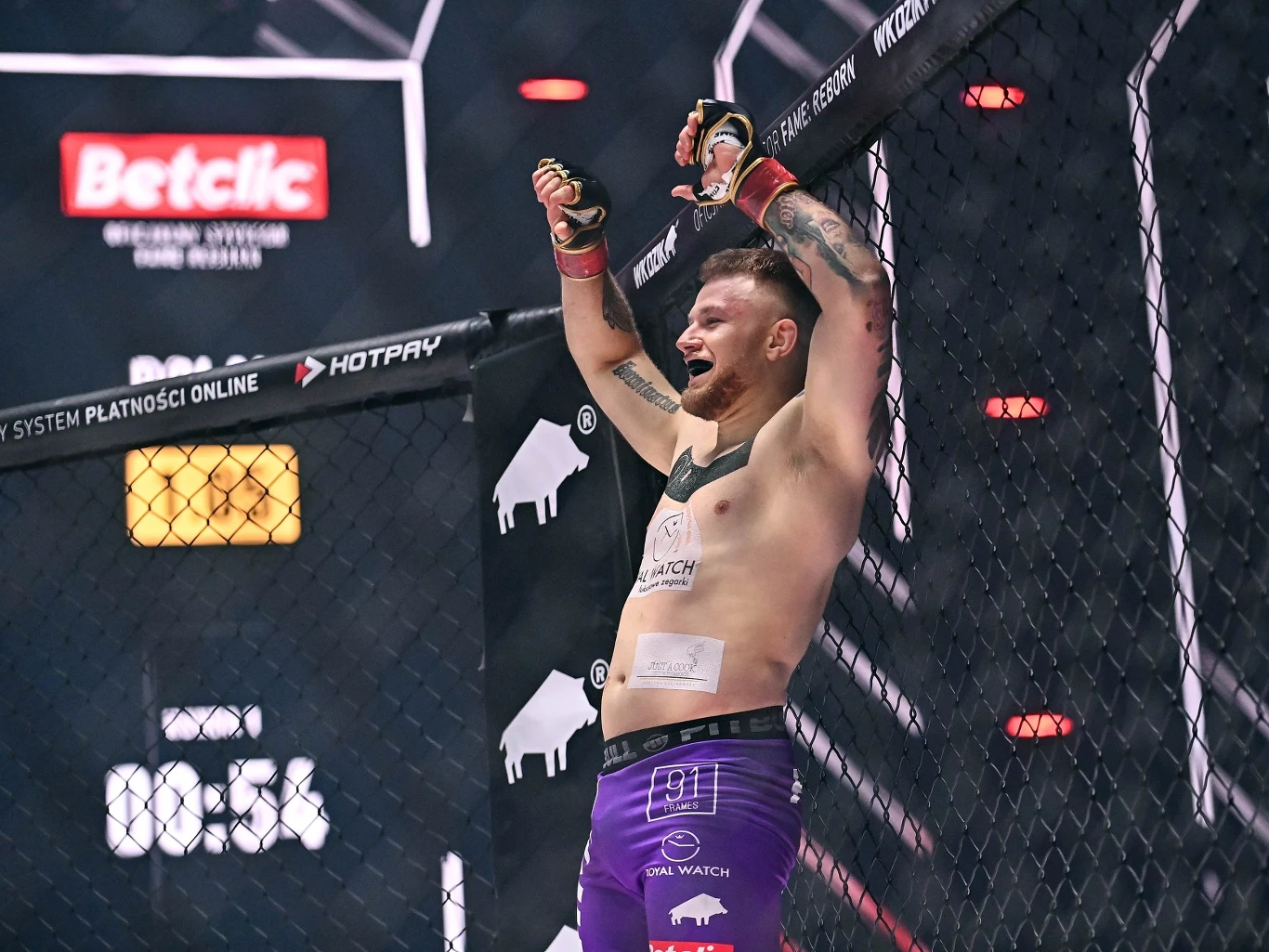 Zawodnik sportów walki świętuje zwycięstwo w oktagonie, unosi ręce w geście triumfu, wokół widoczne elementy klatki oraz reklamy sponsorów.