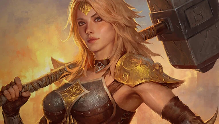 Guild Wars Reforged Kobieta o blond włosach w fantazyjnej zbroi z elementami złota, trzymająca duży młot bojowy na tle rozświetlonego nieba.