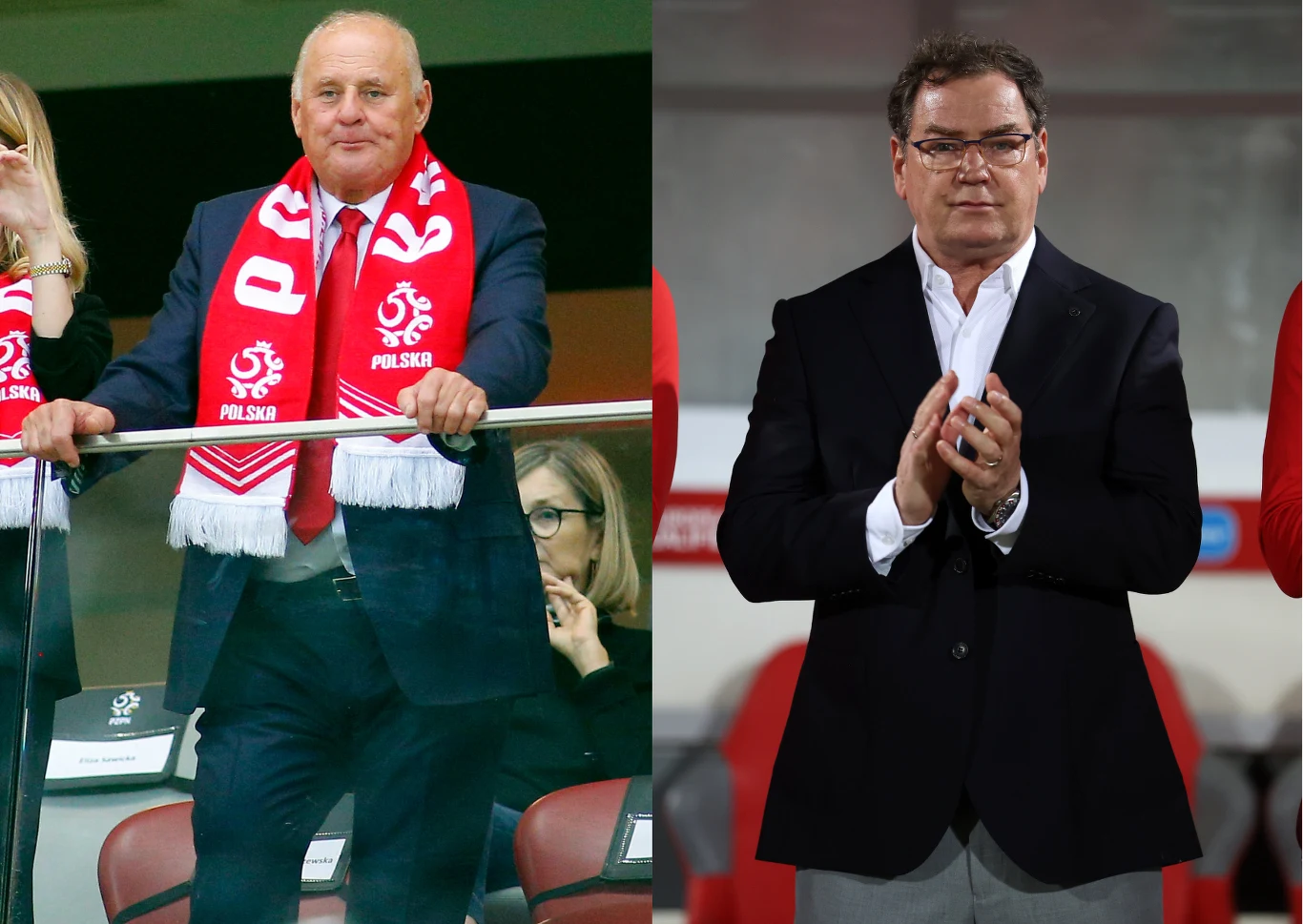 Jan Tomaszewski i Jan Urban Dwóch mężczyzn w garniturach, jeden ubrany w czerwony szalik kibica z emblematami Polski, drugi stoi złożonymi dłońmi, stonowanie ubrany. Otoczenie stadionowe, w tle inne osoby.