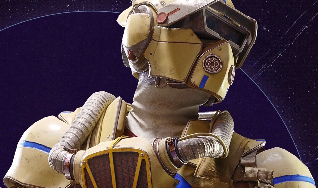 Postać w żółtym futurystycznym pancerzu ochronnym z hełmem i rurami wentylacyjnymi na tle granatowego nieba z delikatnymi okręgami.