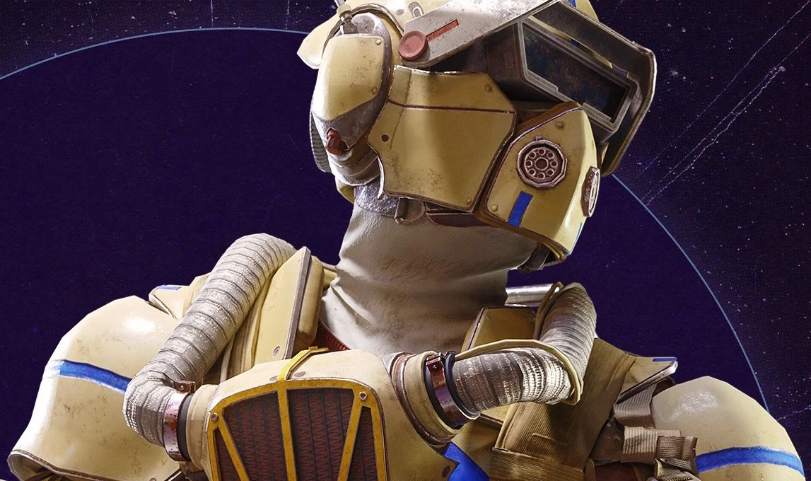 Arc Raiders Postać w żółtym futurystycznym pancerzu ochronnym z hełmem i rurami wentylacyjnymi na tle granatowego nieba z delikatnymi okręgami.