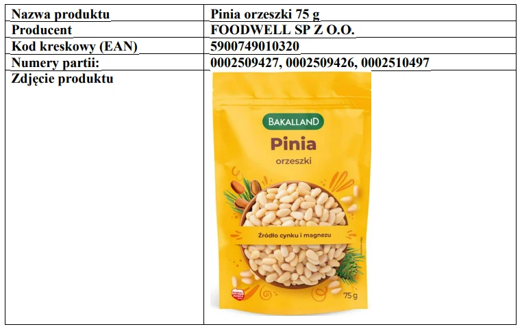 Opakowanie orzeszków piniowych marki Bakalland w żółtej torebce, na której umieszczono nazwę produktu, zdjęcie orzeszków oraz informacje o wartości odżywczej. W tle widoczne ozdobne gałązki i szyszka.