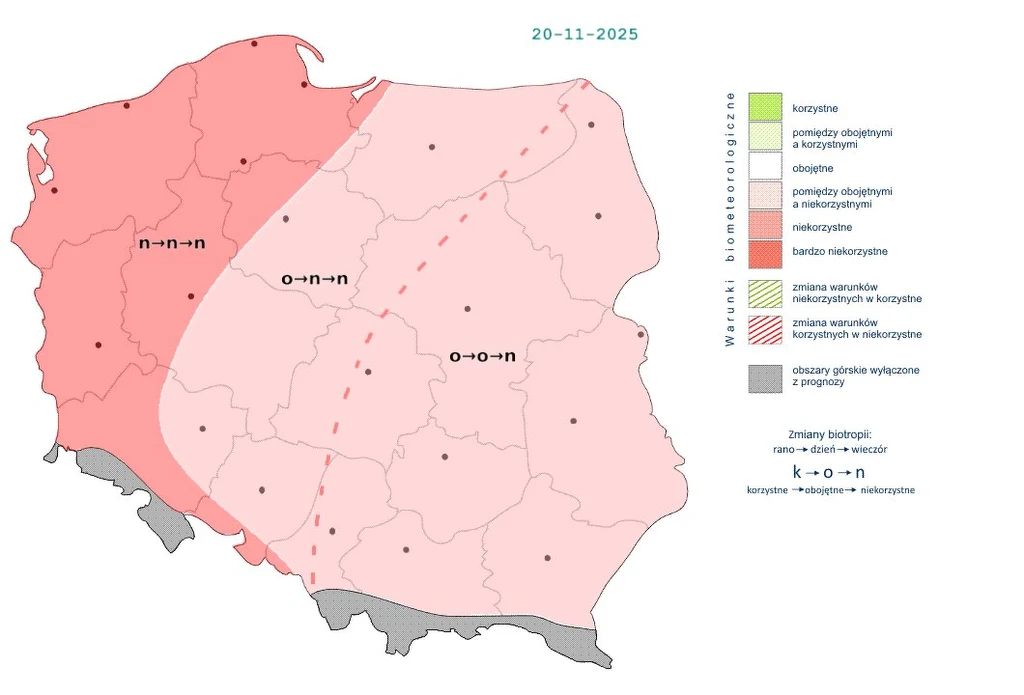 Przez cały czwartek niekorzystne warunki utrzymają się na północnym wschodzie. Po południu i wieczorem pogorszą się one w centrum i na wschodzie Polski Mapa Polski z podziałem na strefy biometeorologiczne oznaczone różnymi kolorami, wyjaśnienia symboli znajdują się w legendzie po prawej stronie. Wyróżniono obszary o korzystnych, obojętnych i niekorzystnych warunkach biometeorologicznych na 20 listopad...