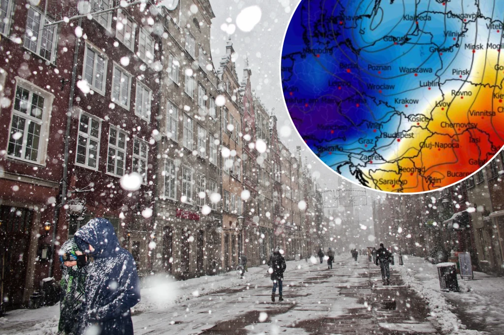 W czwartek na północnym zachodzie popada deszcz i deszcz ze śniegiem, a na południu sam śnieg. Czeka nas chłodny dzień. Zdjęcie w tle ilustracyjne Ulica miasta zimą, na której spacerują ludzie wśród padającego śniegu. W lewym dolnym rogu osoba w niebieskiej kurtce. W prawym górnym rogu fragment mapy pogodowej ukazującej zmiany temperatur.