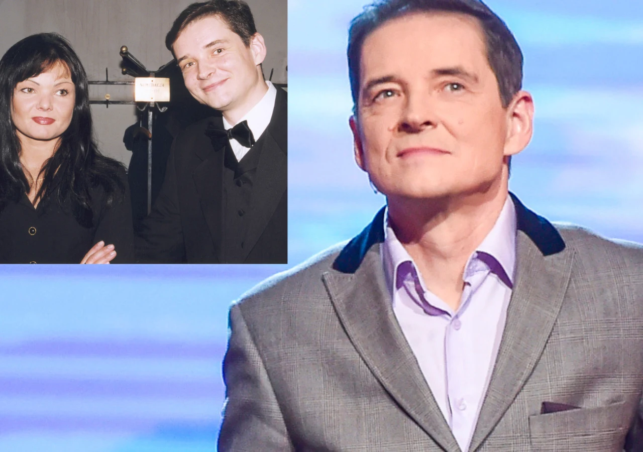 Przemysław Babiarz rzadko mówił o żonie Mężczyzna w szarej marynarce na pierwszym planie, w tle wstawione archiwalne zdjęcie z dwojgiem ludzi ubranych elegancko, mężczyzna w smokingu i kobieta w czarnym stroju.